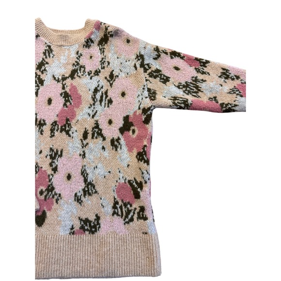 Zara Women Pink Floral Knit Crewneck Sweater Tan Green Abstract Size S - Picture 5 of 10